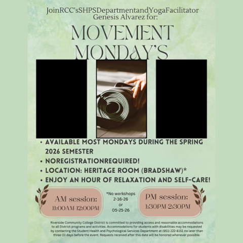 Flyer for Movement Monday’s at RCC featuring yoga images and session times 11:00 AM–12:00 PM and 1:30 PM–2:30 PM in the Heritage Room (Bradshaw), most Mondays during Spring 2026. No registration required.