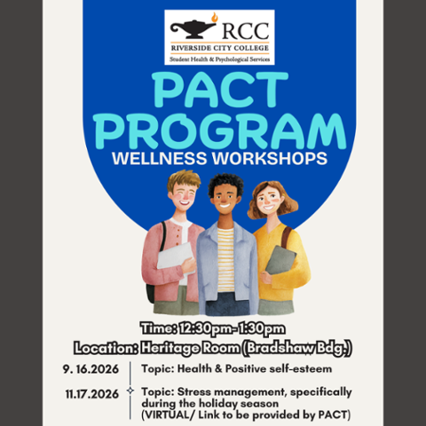 Blue and cream RCC Student Health & Psychological Services graphic promoting PACT Program Wellness Workshops, featuring an illustration of three smiling students.