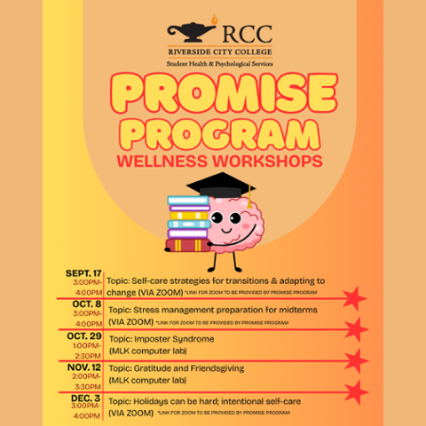 Orange and yellow RCC Student Health & Psychological Services graphic promoting Promise Program Wellness Workshops. A smiling cartoon brain wearing a graduation cap stands beside a stack of books.