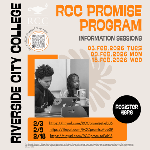 Flyer for RCC Promise Program information sessions with dates February 3, February 9, and February 18, 2026. Includes a photo of two students working on laptops and a “Register Here” callout.