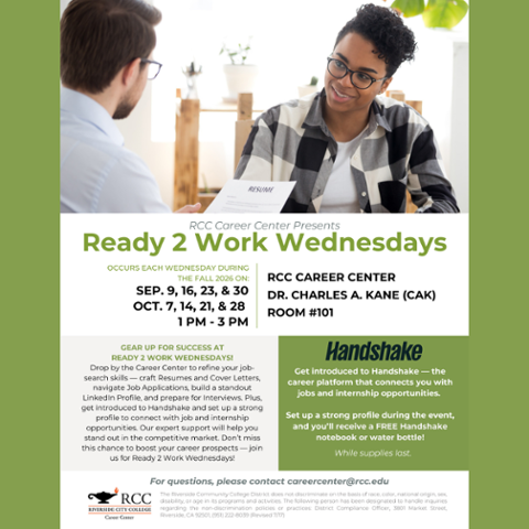 Ready 2 Work Wednesdays at RCC Career Center, Sept. 9, 16, 23, 30 and Oct. 7, 14, 21, 28, from 1–3 pm in CAK Room 101. Get help with resumes, cover letters, job applications, LinkedIn, interviews, and Handshake.