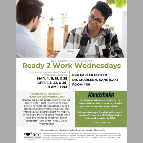 Flyer for RCC Career Center “Ready 2 Work Wednesdays.” Workshops held Wednesdays Spring 2026, 11 a.m.–1 p.m., in the Career Center (CAK Room 101). Get help with resumes, cover letters, LinkedIn, job applications, interviews, and setting up a Handshake pro