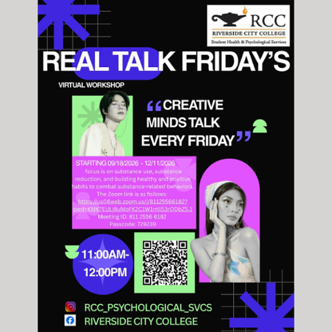RCC Real Talk Fridays virtual workshop, Creative Minds Talk, runs every Friday from September 18 to December 11, 2026, 11 a.m.–12 p.m. Focuses on substance use reduction and building healthy habits. Includes Zoom details and QR code.