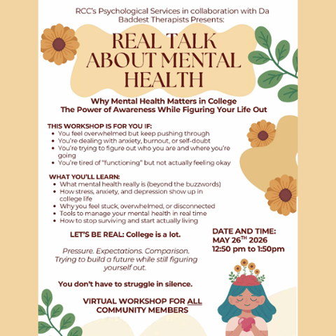 Mental health workshop flyer about college stress, anxiety, and support
