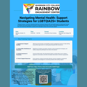 Rainbow Engagement Center flyer for “Navigating Mental Health: Support Strategies for LGBTQIA2S+ Students,” Monday, October 19, 11 am–1 pm in CIS 114A.