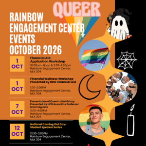 Orange Halloween-themed Rainbow Engagement Center October 2026 events flyer featuring financial aid, financial wellness, Latinx history, speaker series, mental health, civil rights, and bingo events.