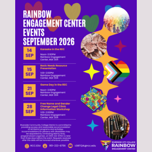 Rainbow Engagement Center September 2026 events flyer featuring colorful LGBTQ+ graphics and event details for karaoke, basic needs resources, game day, and a gender change legal clinic.