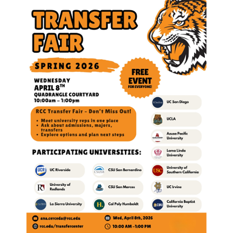 RCC Spring 2026 Transfer Fair flyer featuring university logos and tiger mascot. Event takes place Wednesday, April 8, 2026, from 10:00 AM–1:00 PM in the Quadrangle Courtyard. Meet university reps and explore transfer opportunities.