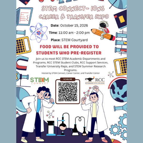 STEM Connect-ions Career & Transfer Expo on October 15, 2026, from 11 am–2 pm at the RCC STEM Courtyard. Meet STEM departments, student clubs, support services, university representatives, and research programs. Food for pre-registered students.