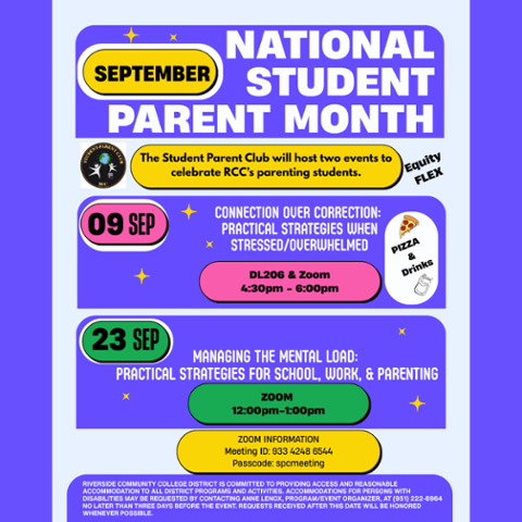 Graphic for National Student Parent Month featuring Student Parent Club events Sept. 9, 4:30–6 pm in DL 206 and Zoom, and Sept. 23, Noon–1 pm via Zoom, with practical strategies for parenting students.