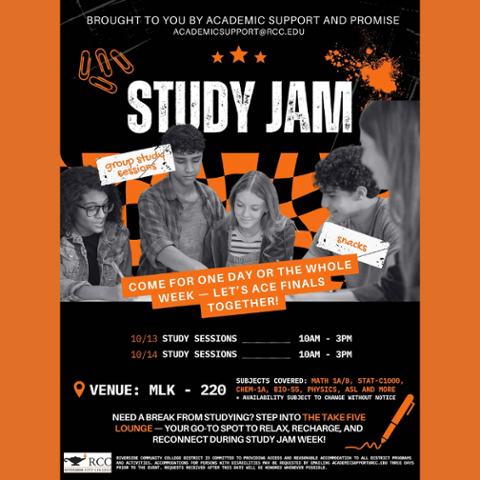 RCC Study Jam offers group study sessions October 13 and 14, from 10 a.m.–3 p.m. in MLK 220. Subjects include math, statistics, chemistry, biology, physics, ASL and more. Snacks provided.