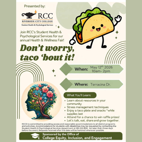 Mental health fair flyer with taco theme, date, time, and campus location