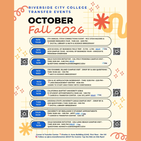 Riverside City College October 2026 Transfer Events flyer listing university campus visits, CSU and UC application workshops, individual transfer appointments, event dates, locations, and QR codes for registration.