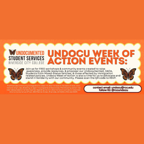 RCC Undocu Week of Action, October 19–24, 2026. Free workshops and community events focused on immigrant rights, financial aid, college transfer, healthcare, art, entrepreneurship, and a community walk/run.