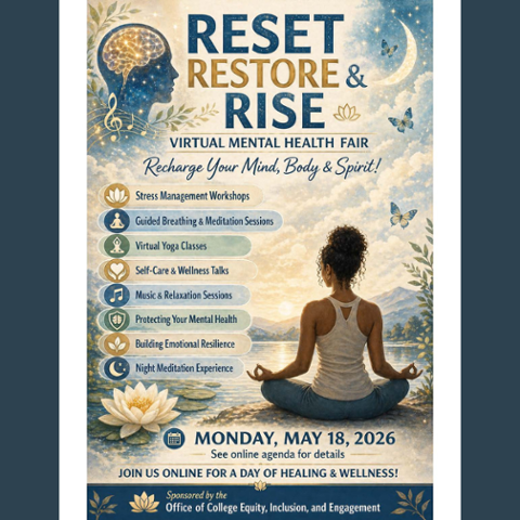 Virtual mental health fair flyer with meditation, workshops, and date