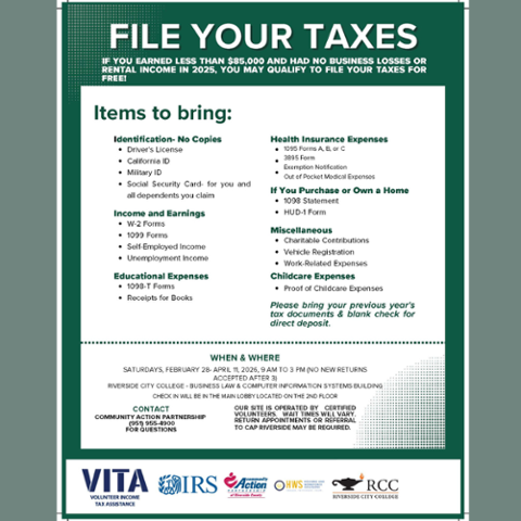 Flyer promoting free tax preparation through VITA at Riverside City College. Saturdays Feb 28–Apr 11, 2026, 9am–3pm in the BLCIS building. For those earning under $85,000. Lists required documents and contact info (951) 955-4900.