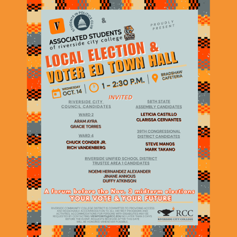 Flyer for RCC’s Local Election & Voter Education Town Hall, Wednesday, Oct. 14, from 1–2:30 p.m. in Bradshaw Cafeteria. Invited candidates include local city council, state assembly, congressional and school board races.