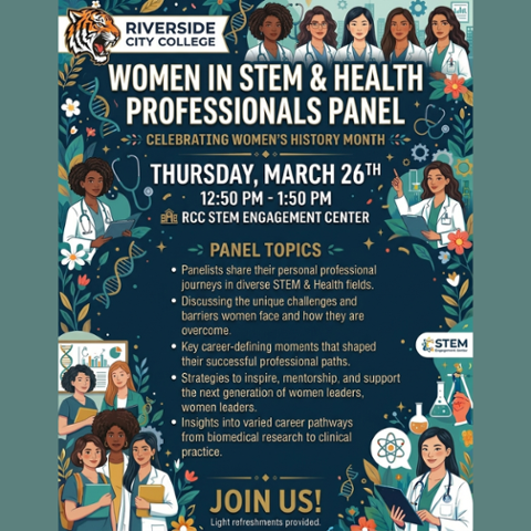 Flyer for RCC Women in STEM & Health Professionals Panel on Thursday, March 26 from 12:50–1:50 pm at the STEM Engagement Center. Panel covers career journeys, mentorship, challenges, and pathways in STEM and healthcare.