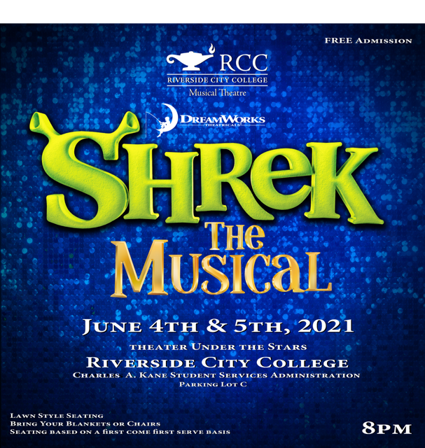 Blue Background with green writing displaying Shrek the Musical June 4th and 5th, 2021