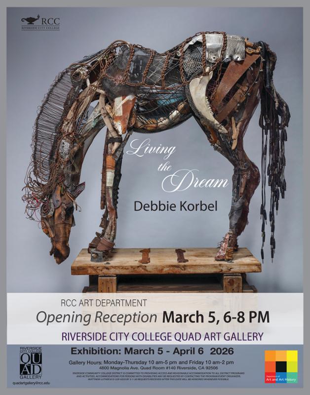 Living the Dream exhibition by Debbie Korbel Flyer for Living the Dream exhibition by Debbie Korbel featuring a sculpture of a horse made from recycled metal and materials.