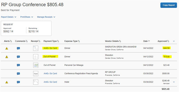 reimbursement example in concur