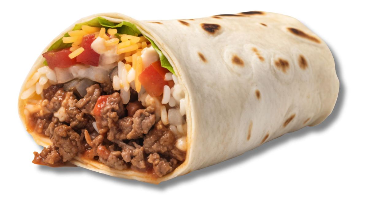 A close-up of a burrito filled with seasoned ground beef, melted cheese, rice, diced tomatoes, onions, and lettuce, wrapped in a warm flour tortilla.