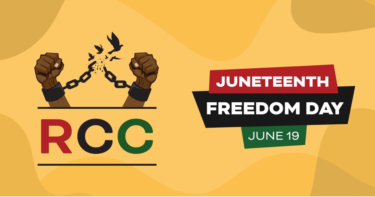 RCC Logo with person breaking shackles above it. Juneteenth is Freedom Day