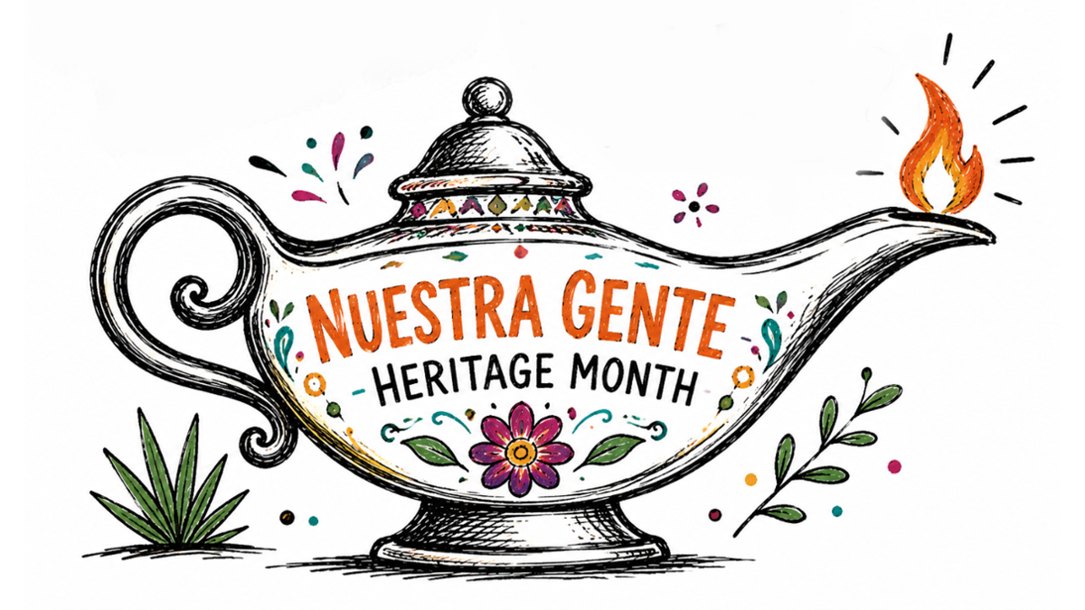 Illustration of a decorated lamp with a flame, flowers, and greenery, featuring the words “Nuestra Gente Heritage Month.”
