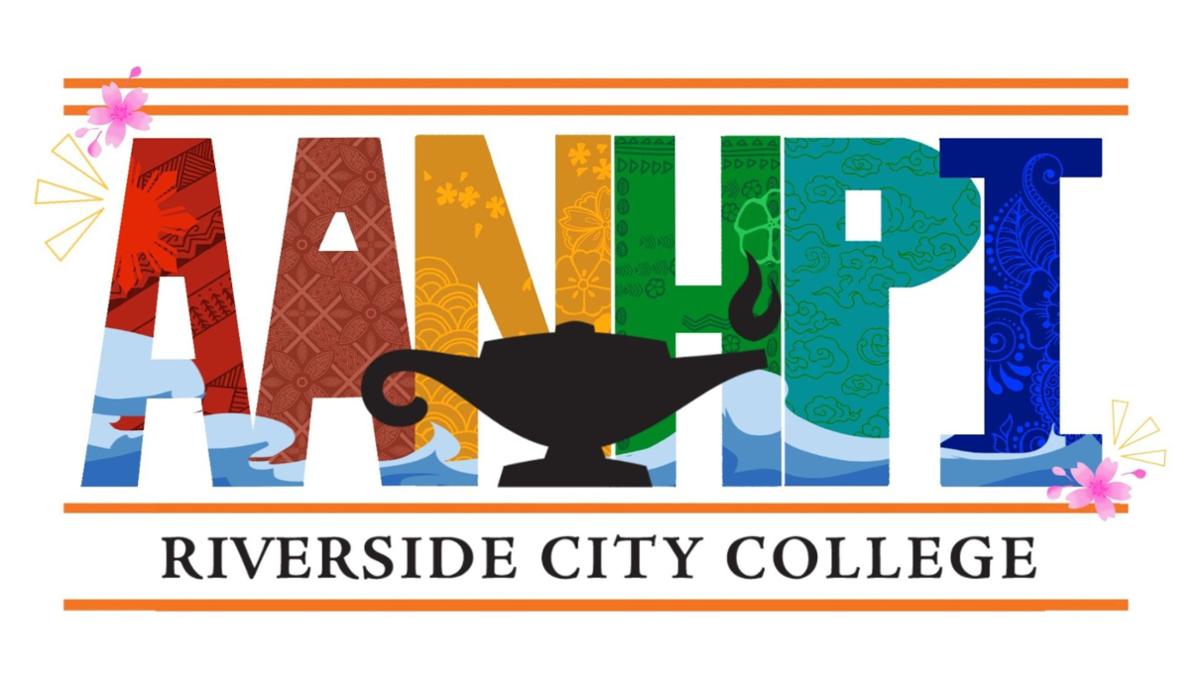 AANHPI Heritage Month graphic designed by student Alex Mercado featuring colorful patterned letters, waves, cherry blossoms, and a lamp icon above Riverside City College.